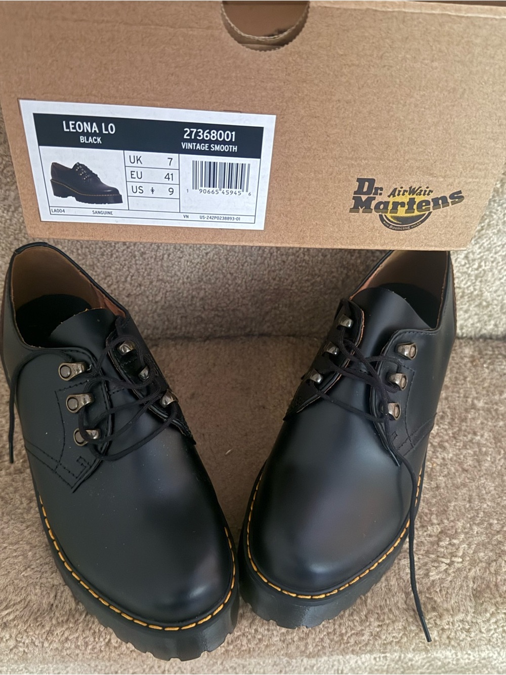 Dr. Martens Black Leather Oxford Derby Shoes with Yellow Stitching